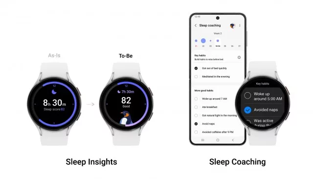 Giao diện Sleep Insights và Chức năng Sleep Coaching trên One UI 5 Watch.